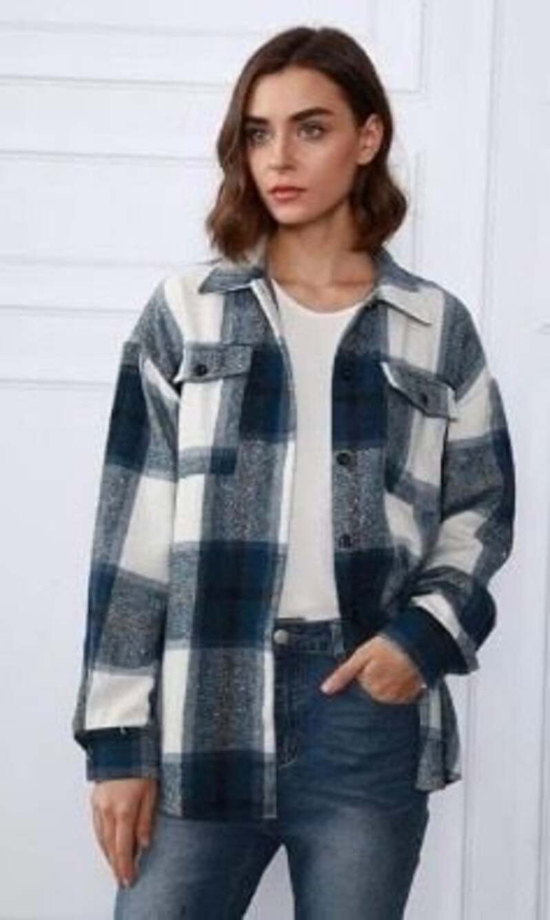 Trendy Queen Women's Blue and White Plaid Button-Down Shacket